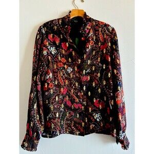 Raoul Silk Metallic Gold Lame’ Black & Red Floral Long Sleeve Ruffle Blouse SZ 4